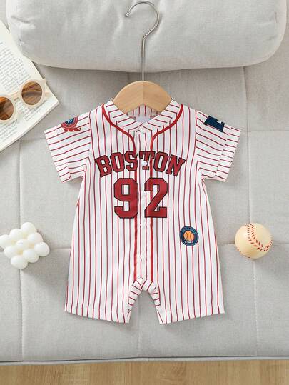Infant Boys' Casual Sports Streetwear Boston Letter Colorblock Striped Digit 92 Print Romper, Suitable For Everyday Casual, Travel, Sports, Holiday Gatherings