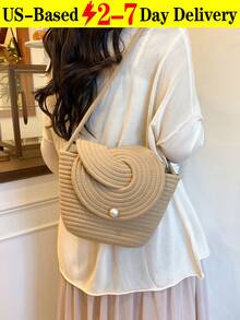 New French Niche Woven Women's Handbag, Summer Beach Vacation Bag, Large Capacity Tote Vegetable Basket,Woven Bucket Beach Bag For Women, Knitted Tote With Crossbody Strap & Pearl-Accented Twist Knot Closure, Minimalist Straw Bag For Vacation, Wedding Events, And Summer Outings, Roomy Purse Fits Phone, Wallet, Keys In Khaki And BeigeThe Best Gift Choice, Birthday Gift, Valentine's Day[US Local Warehouse] - 彩色 - 查看 1