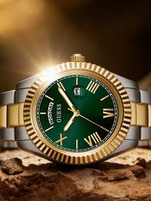 Guess GW0265G8 Classic Elegant Men's Quartz Analog Wrist Watch With Date/Day Display, Green Round Dial, Silver-Gold Stainless Steel Strap, Suitable For Daily Business Wear, Also An Ideal Gift For Men - Green - View 7