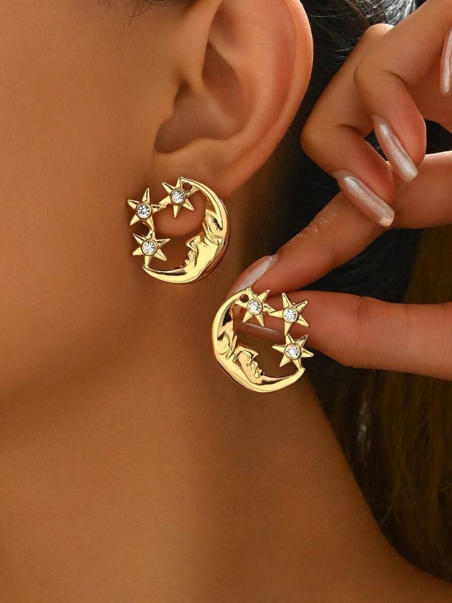 一对时尚独特的星月图案耳环，适合女性日常佩戴。 - 金色 - 查看 1
