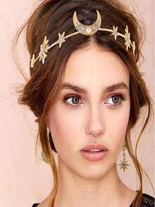 3PCS Creative Star & Moon Rhinestone Elastic Geometric Headband With Asymmetric Star & Moon Earrings Set - Perfect For Holiday Gifts, Celebrations, And Daily Wear