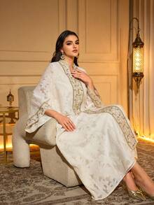 Elegant Notched Neck Long Sleeve Maxi Dress, Made Of Long Woven Fabric With Applique And Ruffle Details - Apricot - View 6