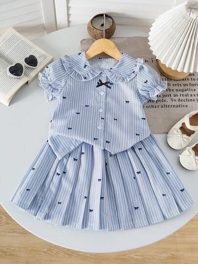 2pcs Girls Fashion Cardigan Button Princess Sleeve Shirt And Pleated Skirt Set, Minimalist Academic Style With Striped Bow Print, Suitable For Spring, Summer, Autumn Outdoor Activities