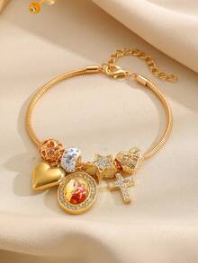1pc Fashion Personalized Virgin Mary Rhinestone Heart Cross Star Pendant Bracelet, Suitable For Women Everyday And Holiday Wear