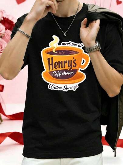T-shirt graphique Henry's Coffeehouse en tissu de haute qualité, coupe confortable, style street hip-hop, imprimé graphique unique