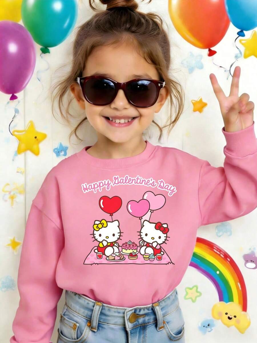 Sanrio Hello Kitty Teen Girls Hoodie - Valentine's Day Heart Graphic Oversized Casual Top, Perfect For School & Hangouts - 粉色 - 查看 1