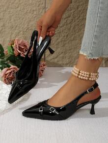 时尚女士尖头小猫跟套脚凉鞋，优雅女士高跟鞋，适合婚礼、派对、宴会等场合，性感酒红色尖头交叉绑带细高跟鞋 - 黑色 - 查看 3