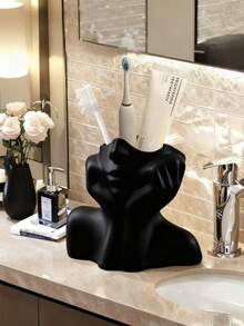 1pc Ceramic-Look Toothbrush Holder, Freestanding Storage Rack For Bathroom Countertop, Multi-Function Toothbrush & Toothpaste Organizer, Durable And Elegant Home Decor Accessory, Fashionable Bathroom Supplies - Multicolor - View 5