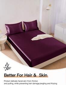 1pc Premium Silky Satin Fitted Sheet, Fits Mattress Depth 15-17 Inches, Soft & Breathable, Wrinkle-Resistant, Luxury Hotel Style, Full Wrap-Around Elastic Band, Deep Pockets, Suitable For Twin, Full, Queen, King Beds, Oeko-Tex Certified, Purple - Purple - View 7