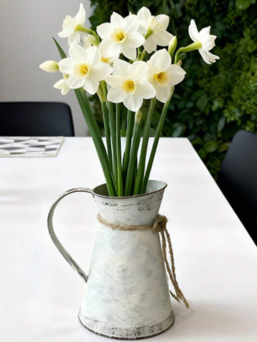 Vintage White Metal Vase With Jute Rope Decor, Suitable For Bedroom Windowsill, Living Room Tabletop, Holds Dried Or Fresh Flowers, Durable And Easy To Clean - Stainless Steel Kettle Vase - View 1