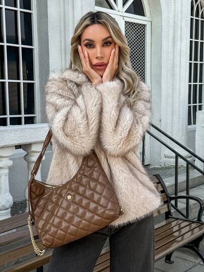 Women's Elegant Faux Fur Warm Jacket, Long Sleeve Stand Collar Thick Furry Coat, Fashion Casual Ladies Outerwear, Luxurious Stylish Commuter Daily Winter Jacket For Women