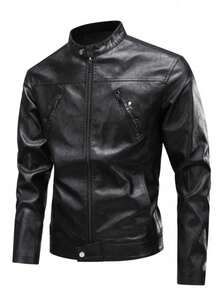 Nueva Chamarra Motera para Hombre en Piel Sintética con Cuello Alto - Estilo Urbano y Racing - Negro - Ver 7