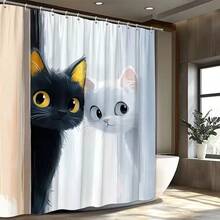 1 pieza Cortina de ducha con diseño de gato de dibujos animados, gatos en blanco y negro con fondo suave, sin necesidad de taladrar, de poliéster duradero, adecuada para la decoración del baño, cortina de ducha, ventana y decoración elegante del hogar, accesorio de moda para el hogar con estampado para el baño, regalo para amantes de los gatos - Multicolor - Ver 2