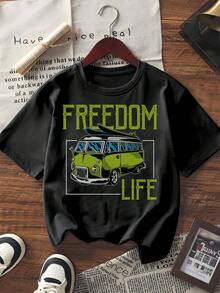 Women's Short Sleeve Graphic Print T-Shirt Summer Casual Crew Neck Tee With Retro Green Van & "FREEDOM LIFE" Slogan Print Loose Fit Streetwear Top For Daily Wear - Black - View 1