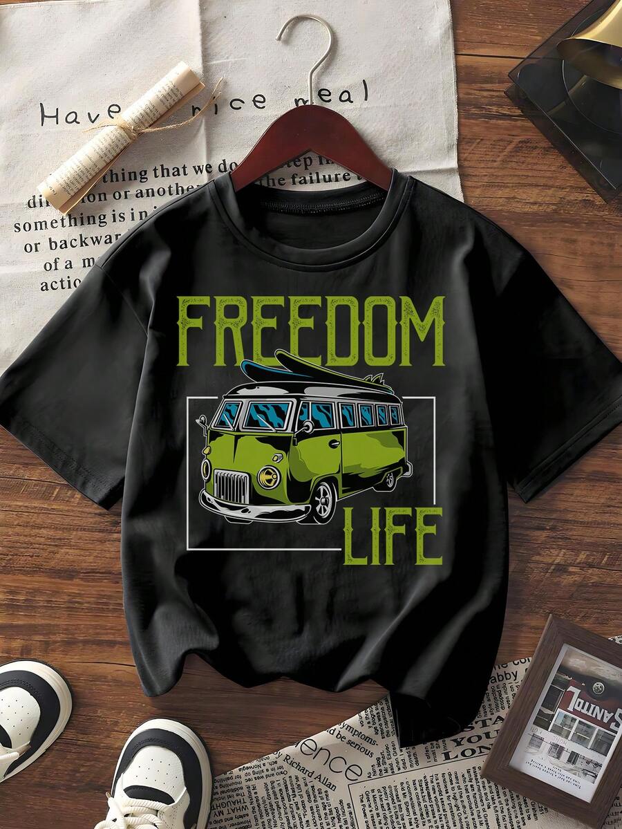 Women's Short Sleeve Graphic Print T-Shirt Summer Casual Crew Neck Tee With Retro Green Van & "FREEDOM LIFE" Slogan Print Loose Fit Streetwear Top For Daily Wear - Black - View 1