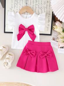 两件套女婴优雅可爱白色短袖上衣+玫瑰红裙子套装，轻薄夏季 - 玫紅色 - 查看 3