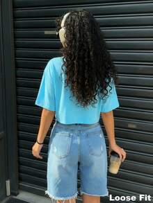 Blusa de mujer de corte holgado, cuello redondo, manga corta, casual, adecuada para primavera y verano, con estilo minimalista, elegante y sexy Y2K, apta para uso diario, oficina, hogar y exteriores, color negro - Azul - Ver 5