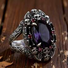 哥特复古独特女士时尚蝙蝠骷髅头合成红紫色锆石戒指 - 日常嘻哈朋克女士戒指，街头女士休闲珠宝配饰