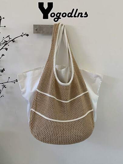Yogodlns Vår/sommar vävd handväska, dopaminfärgad axel-/armhålsväska, avslappnad ihålig strandväska, enfärgad stickad axelväska, minimalistisk virkad handväska i kontrastfärg, mångsidig ihålig avslappnad vävd handväska
