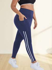 大码女式高腰显瘦瑜伽裤，白色侧条纹装饰，带口袋，休闲运动跑步紧身裤，春季款 - 藏蓝色 - 查看 6
