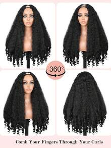 非洲V型分缝蓬松卷发假发，专为设计，无需胶水，发尾卷曲蓬松，合成材质，无需留发片，夹式佩戴。 - 黑色 - 查看 2