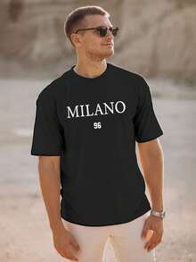Men's Vintage Milano 96 Letter Print Short Sleeve Casual Pullover T-Shirt, Boyfriend Gift, For Spring And Fall - màu đen - Xem 2