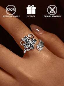 1pc 925 Sterling Silver Hollow Butterfly Pattern Double Layer Open Ring (Butterfly Duet Design), Gift Box, Suitable For Daily Wear And Valentine's Day Gift - Antique Silver - View 1