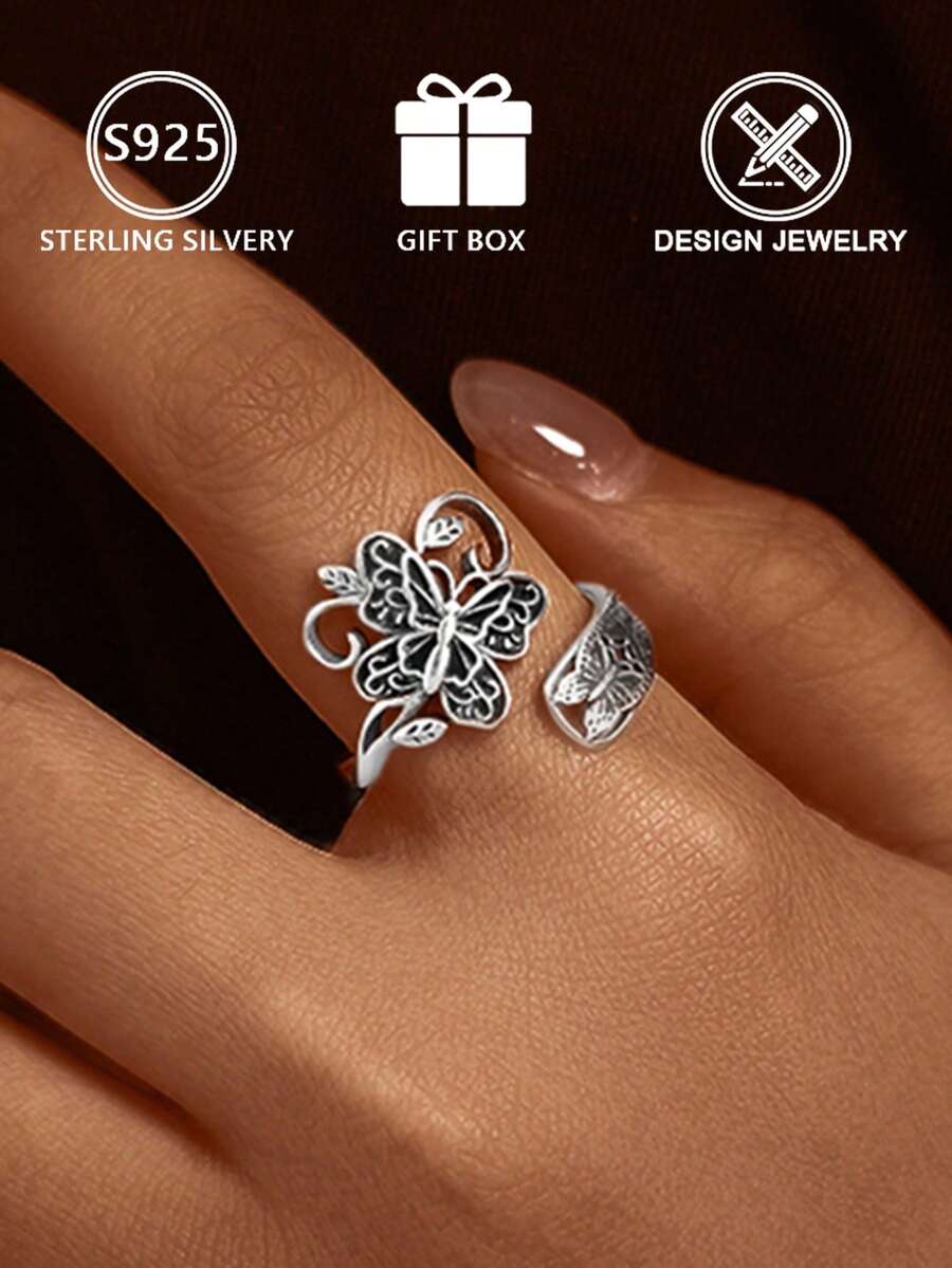 1pc 925 Sterling Silver Hollow Butterfly Pattern Double Layer Open Ring (Butterfly Duet Design), Gift Box, Suitable For Daily Wear And Valentine's Day Gift - Antique Silver - View 1