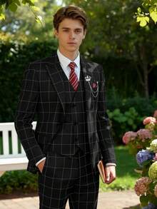 Men's Stripe 3 Piece Suit Set Slim Fit One Button Tuxedo Jacket Vest Pants For Wedding Prom Business & Formal Events - màu đen - Xem 7
