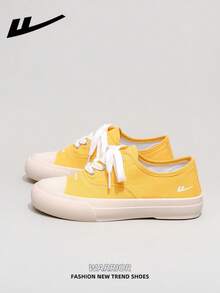 1双 WARRIOR 女士厚底系带软底休闲鞋，低帮户外平底鞋，圆头低跟防滑纯色优雅软底徒步鞋，适合学生、毕业照、平底鞋、低帮皮质运动滑板鞋 - 黃色 - 查看 1