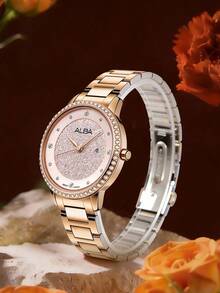 Seiko ALBA 女士优雅水晶腕表：玫瑰金表盘，送给女友或爱人的完美奢华礼物 AH7W20X1 - 金色 - 查看 8