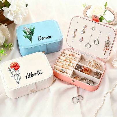 1 pieza Caja de joyería portátil de cuero sintético PU, organizador de joyas de doble capa para aretes, anillos, collares, pulseras, colgantes, organizador de joyería para viajes, regalo para mujeres/niñas