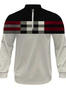 Autumn/Winter New Men's Casual Stand-Up Collar Suit, Including A Half-Zipped Stand-Up Collar Top With Black/Red/Graywhite Plaid Stripes, And A Black Drawstring Casual Long Pants. Sports, Street Style Suit, Men's Clothing, Men's Suit.  Striped    Spring/Fall    Regular Fit    Pocket  Zipper    Going Out  Daily - 彩色 - 查看 3