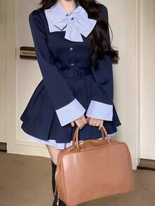 1 件优雅时尚腰部收紧撞色蝴蝶结褶皱迷你连衣裙，适合节日、派对、表演、女孩团体舞台装、摄影工作室万圣节 - 彩色 - 查看 19