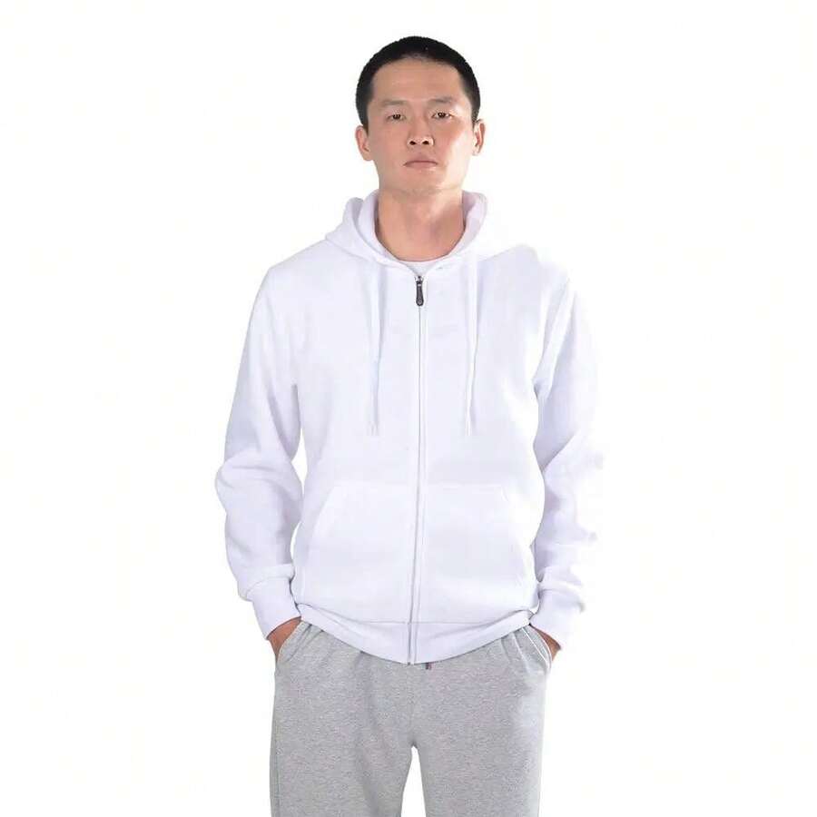 Men's Fleece Full Zip Hoodie With Pockets, Warm Winter Sweatshirt Jacket, Casual Hooded Top Bulk, Soft Thermal Pullover Coat, Athletic Fit Zip Up Outerwear, Comfortable Plus Size Hooded Shirt, Daily Sporty Top - 白色 - 查看 1