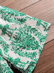 3件套幼儿巴洛克绿色图案套装：短袖开衫+吊带背心+宽松短裤，复古奢华风格，通体提花纹理，透气宽松版型，夏季 - 綠色 - 查看 8