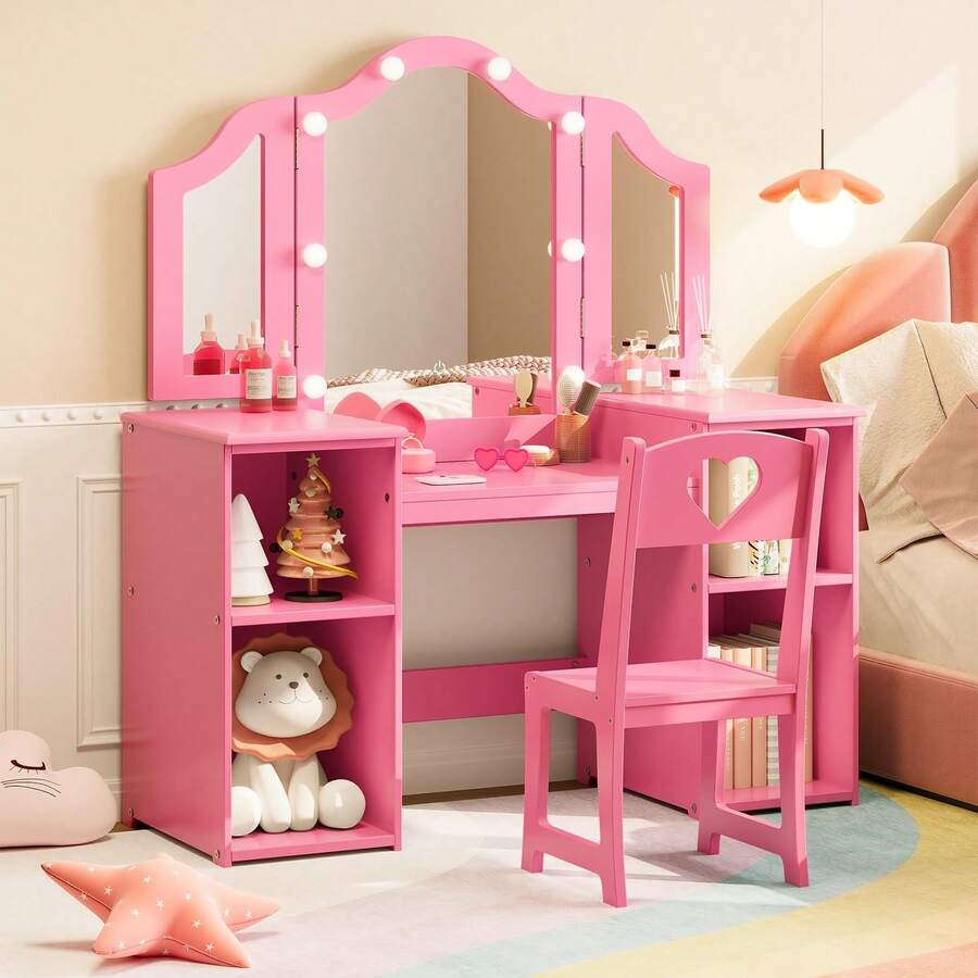 Juego de Mesa y Silla de Cambiador Princesa para niñas con Espejo triplegable, computadora de Cambiador con luz táctil con Almacenamiento y Silla de Respaldo Alto, Convertible a computadora - Rosa - Ver 1
