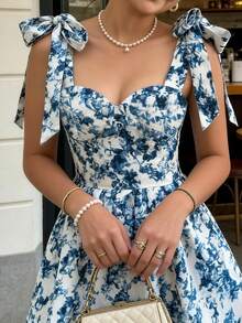 优雅印花褶皱吊带连衣裙，夏季 - 藍白色 - 查看 6