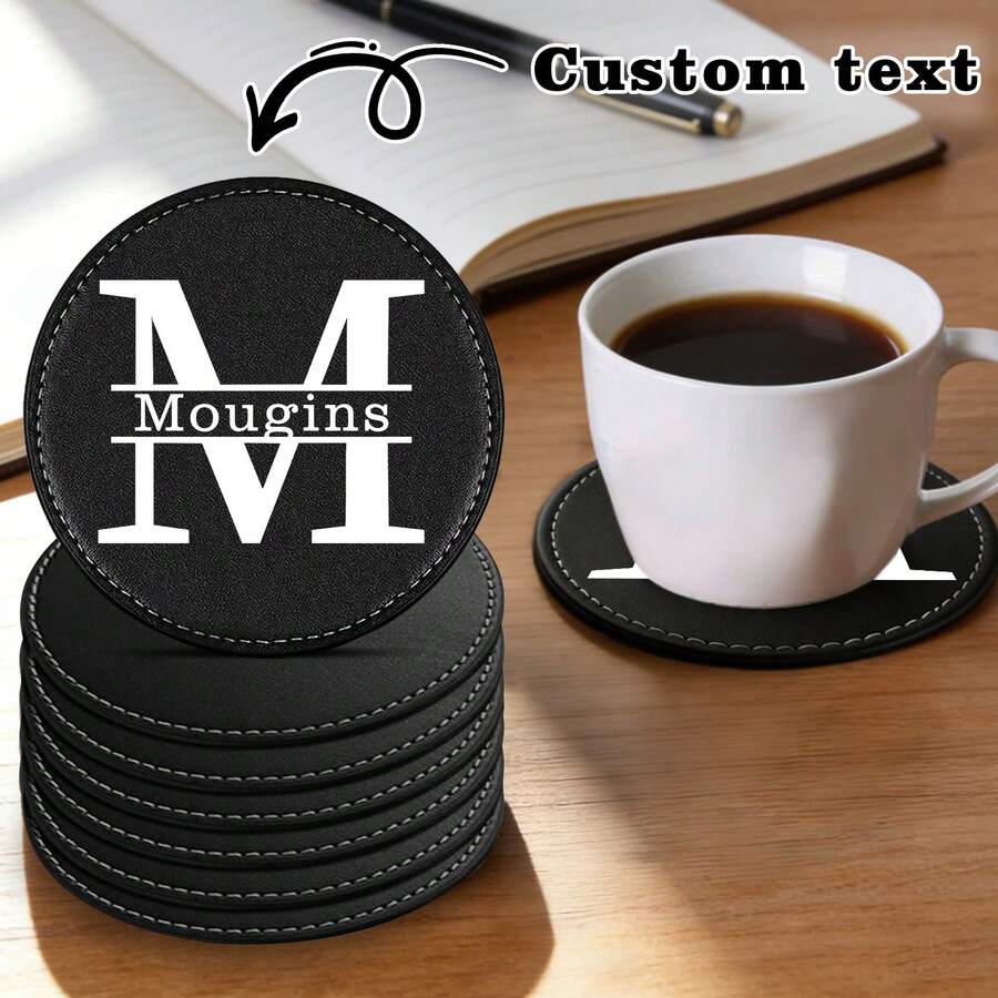 Customizable Round Coasters, Available In 1pc/10pcs/20pcs Sets, Customizable With Name And Logo, Faux Leather Material, Suitable For Coffee, Beer And Wine - An Ideal Housewarming And Graduation Gift. - Black - View 1