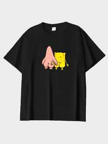 2pcs Women's Cotton Cartoon Pattern Round Neck Short Sleeve T-Shirts - Black 2 - View 2
