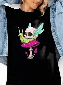 Women'S Whimsical White Snail & Mushroom Graphic T Shirt Soft Short Sleeve Crew Neck Top With Pastel Pink & Green Print, Casual Spring Summer Casual Attire, Sizes S 2XL, Cute Fantasy Design For - 黑色3 - 查看 2