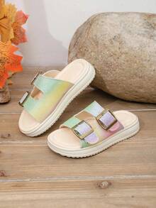 1 Pair Girls' Summer Fashion Flat Slippers, Gradient Color Upper, Metal Buckle Decor, Slip-On, Round Toe Open Toe Stylish Children Shoes, Suitable For Daily Wear, Walking, Outdoor - Beige - View 4