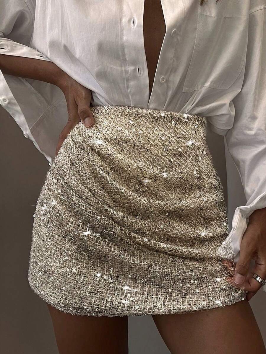 Elegant Women's Short Sequin Bodycon Skirt, Ruched Detail Design, Suitable For Party, Valentine's Day, Outing, Office And Other Occasions Spring