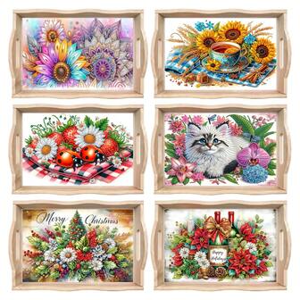 1件/6件套木框DIY钻石画托盘套装，图案包括曼陀罗花、向日葵、草莓、瓢虫、猫咪，不对称钻石点画亚克力装饰托盘，适合派对或家居装饰，是送给家人、朋友、情人节、复活节、生日的独特礼物。