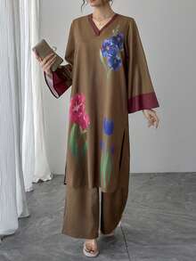 两件套女士套装：棕色碎花V领喇叭袖长款套头衫 + 棕色弹力腰阔腿裤，优雅奢华撞色套装，送给妈妈、女儿、妻子、女友的完美新年礼物，适合正式场合、居家穿着，春季百搭。 - 棕色 - 查看 7