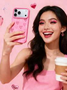 粉色爱心图案手机壳，兼容 17 Pro Max、17 Pro、17、16、15、14、13、12、11，适合情人节使用 - 粉色 - 查看 6