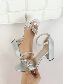女士时尚新款舒适晚宴派对度假裸色绑带高跟罗马粗跟水钻舞会凉鞋，春夏装扮 - 銀色 - 查看 3