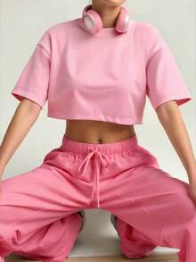 Blusa de mujer de corte holgado, cuello redondo, manga corta, casual, adecuada para primavera y verano, con estilo minimalista, elegante y sexy Y2K, apta para uso diario, oficina, hogar y exteriores, color negro - Rosa - Ver 3