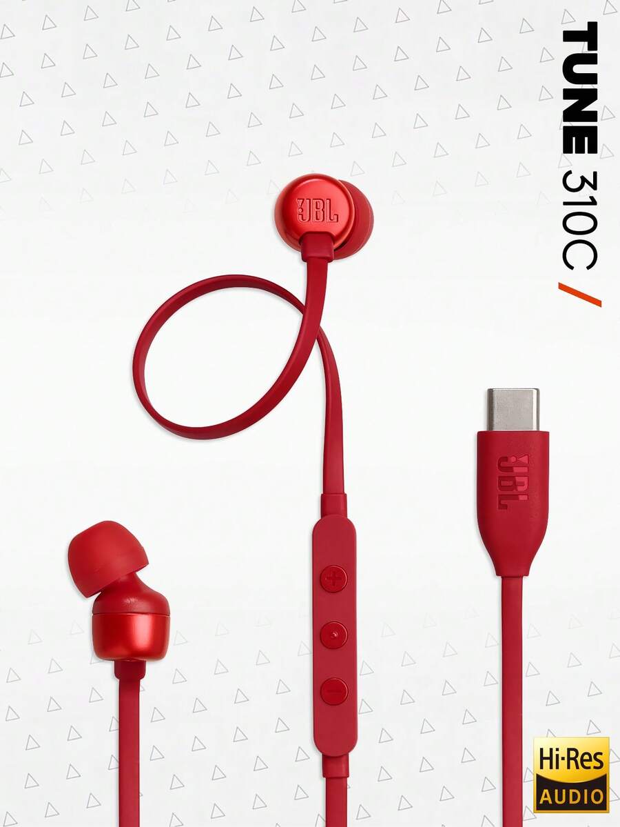 Tune 310C 高解析度有线入耳式耳机，纯正 JBL 音效，USB-C 连接，防缠绕扁平线缆，三键遥控器带麦克风，通勤和运动专用线缆