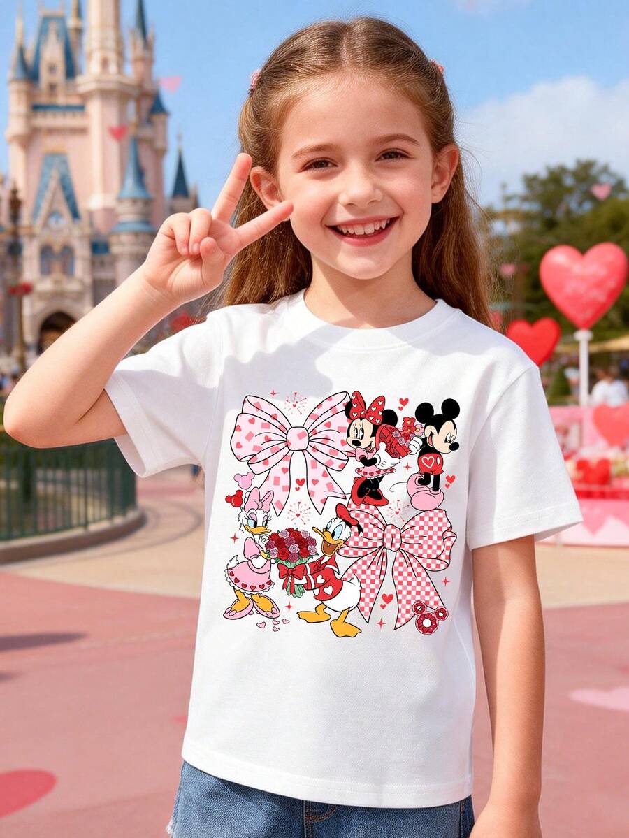 Disney-Themed Clothing Featuring Mickey Mouse And His Friends With Valentine's Day-Inspired Lettering And Bow Patterns On This Girls' T-Shirt. This Soft, Breathable Short-Sleeve Crew Neck Tee Is Perfect For Spring And Summer Wear, Ideal For Everyday Outfits, Vacation Leisure, Outdoor Activities, School Life, And Shopping Trips. It Also Makes An Excellent Gift For Boys And Girls Alike. Every Child Deserves One. - trắng - Xem 1